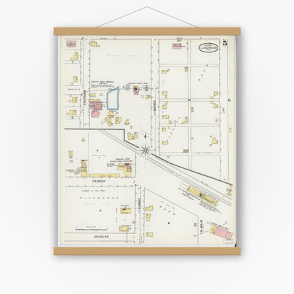 Old map wall art mockup — magnetic wood frame on white wall — Sanborn Fire Insurance Map from Ligonier, Noble County, Indiana (1892), Sheet #0005