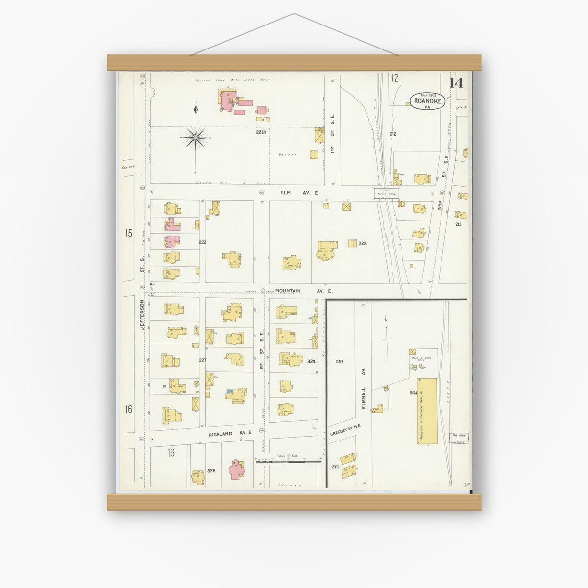 Old map wall art mockup — magnetic wood frame on white wall — Sanborn Fire Insurance Map from Roanoke, Independent Cities, Virginia (1903), Sheet #0014