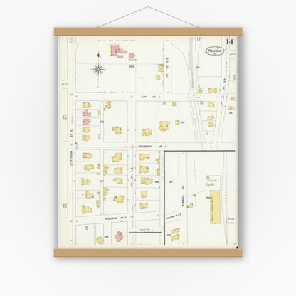 Old map wall art mockup — magnetic wood frame on white wall — Sanborn Fire Insurance Map from Roanoke, Independent Cities, Virginia (1903), Sheet #0014