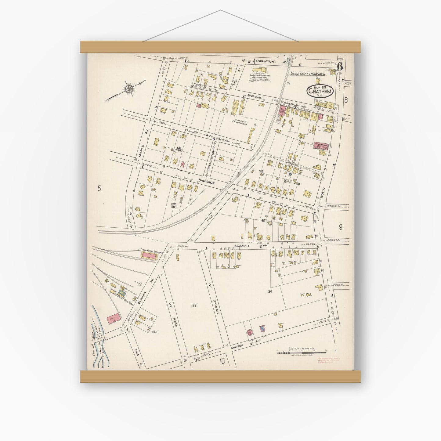Old map wall art mockup — magnetic wood frame on white wall — Sanborn Fire Insurance Map from Chatham, Morris County, New Jersey (1921), Sheet #0006