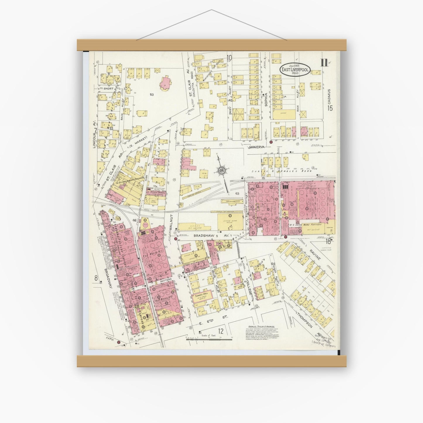 Old map wall art mockup — magnetic wood frame on white wall — Sanborn Fire Insurance Map from East Liverpool, Columbiana County, Ohio (1913), Sheet #0011