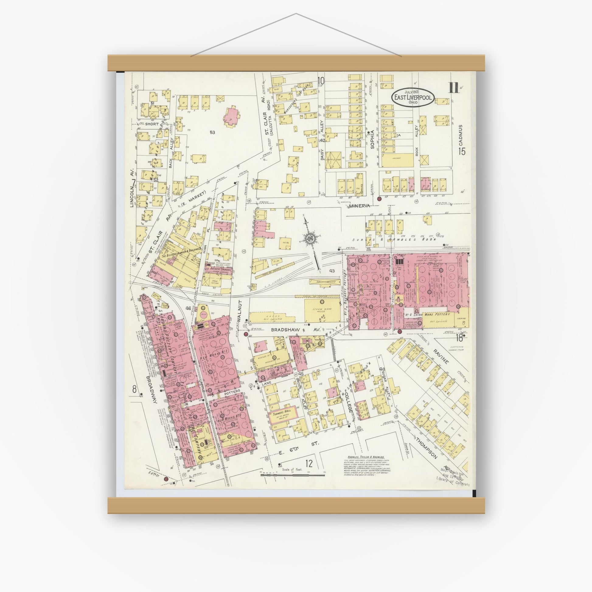 Old map wall art mockup — magnetic wood frame on white wall — Sanborn Fire Insurance Map from East Liverpool, Columbiana County, Ohio (1913), Sheet #0011