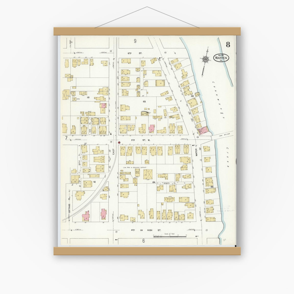 Old map wall art mockup — magnetic wood frame on white wall — Sanborn Fire Insurance Map from Warren, Warren County, Pennsylvania (1912), Sheet #0008