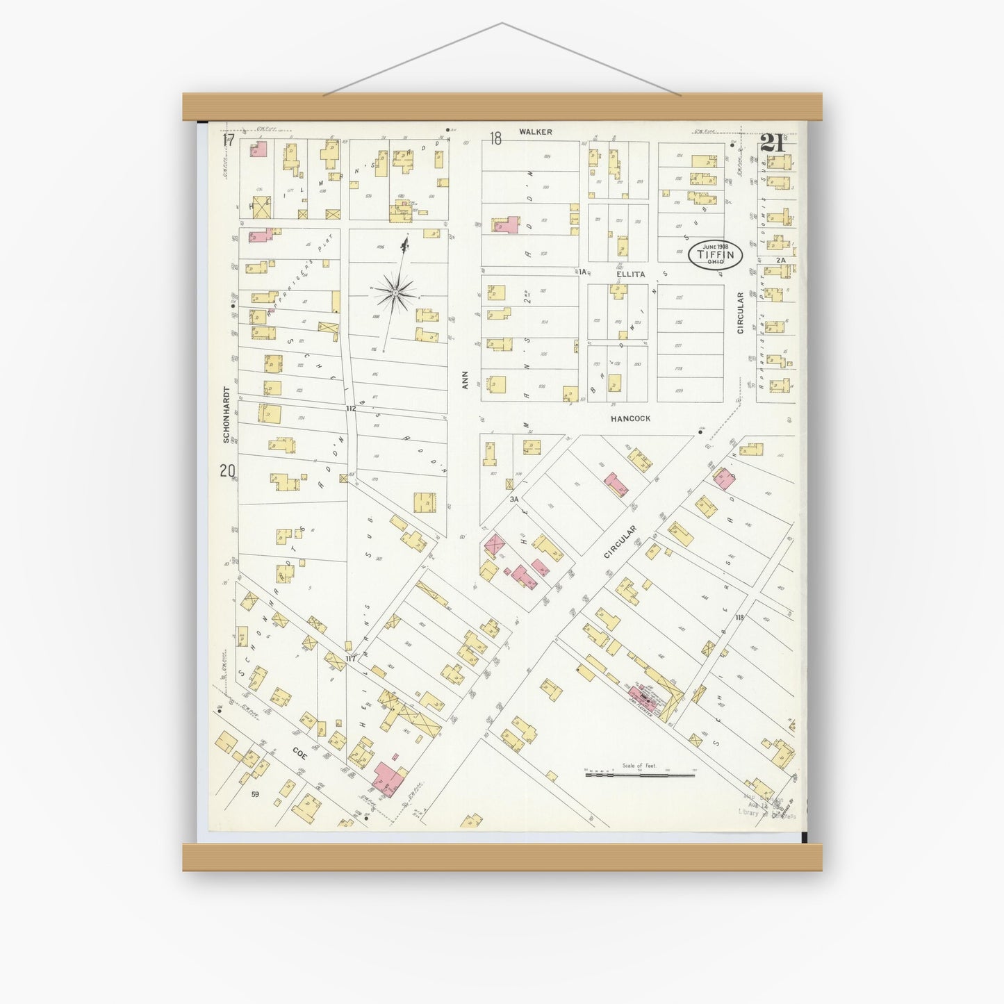 Old map wall art mockup — magnetic wood frame on white wall — Sanborn Fire Insurance Map from Tiffin, Seneca County, Ohio (1908), Sheet #0021