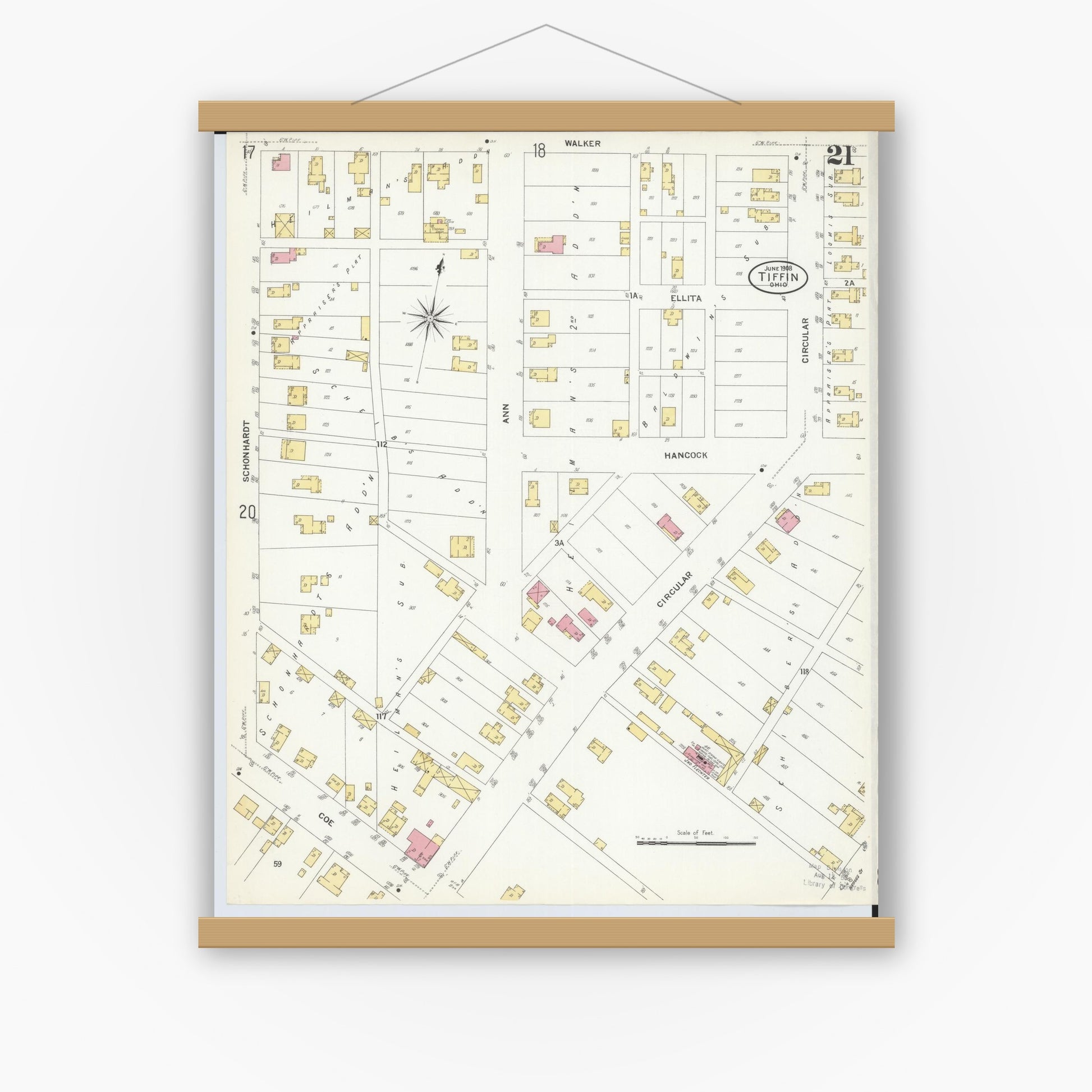 Old map wall art mockup — magnetic wood frame on white wall — Sanborn Fire Insurance Map from Tiffin, Seneca County, Ohio (1908), Sheet #0021