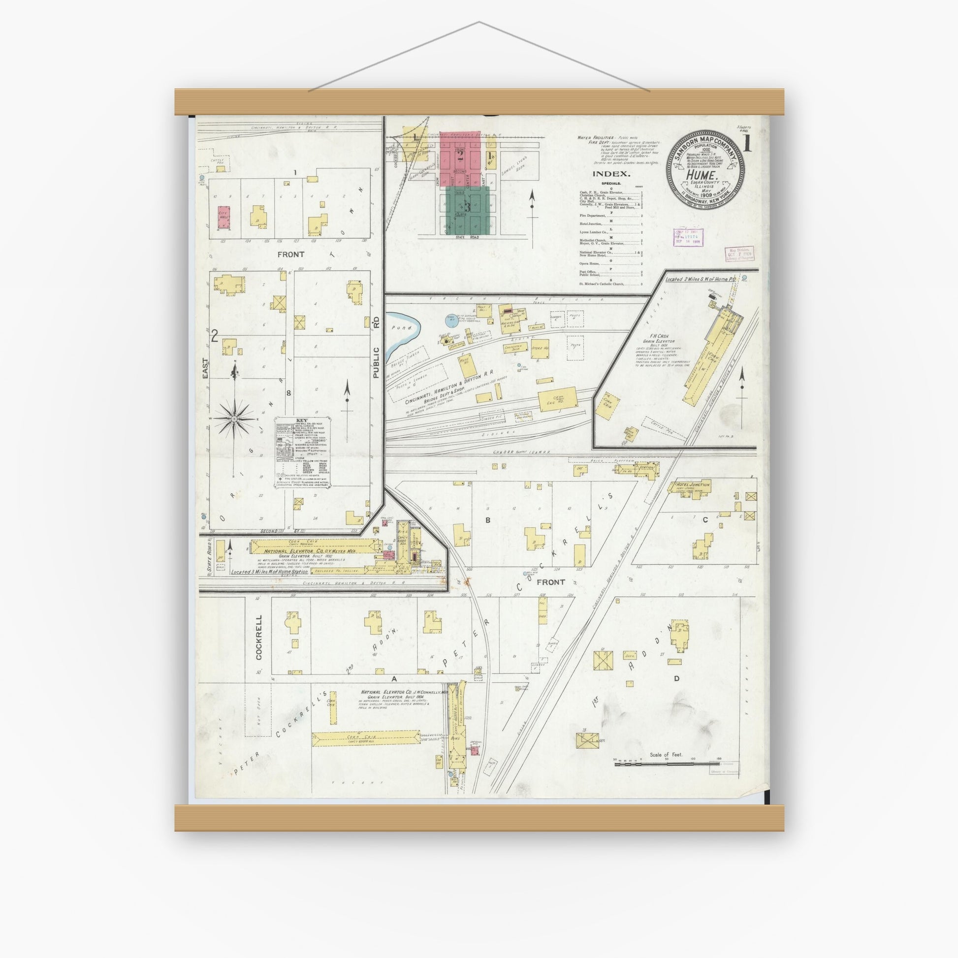 Old map wall art mockup — magnetic wood frame on white wall — Sanborn Fire Insurance Map from Hume, Edgar County, Illinois (1909) - Complete Map Set