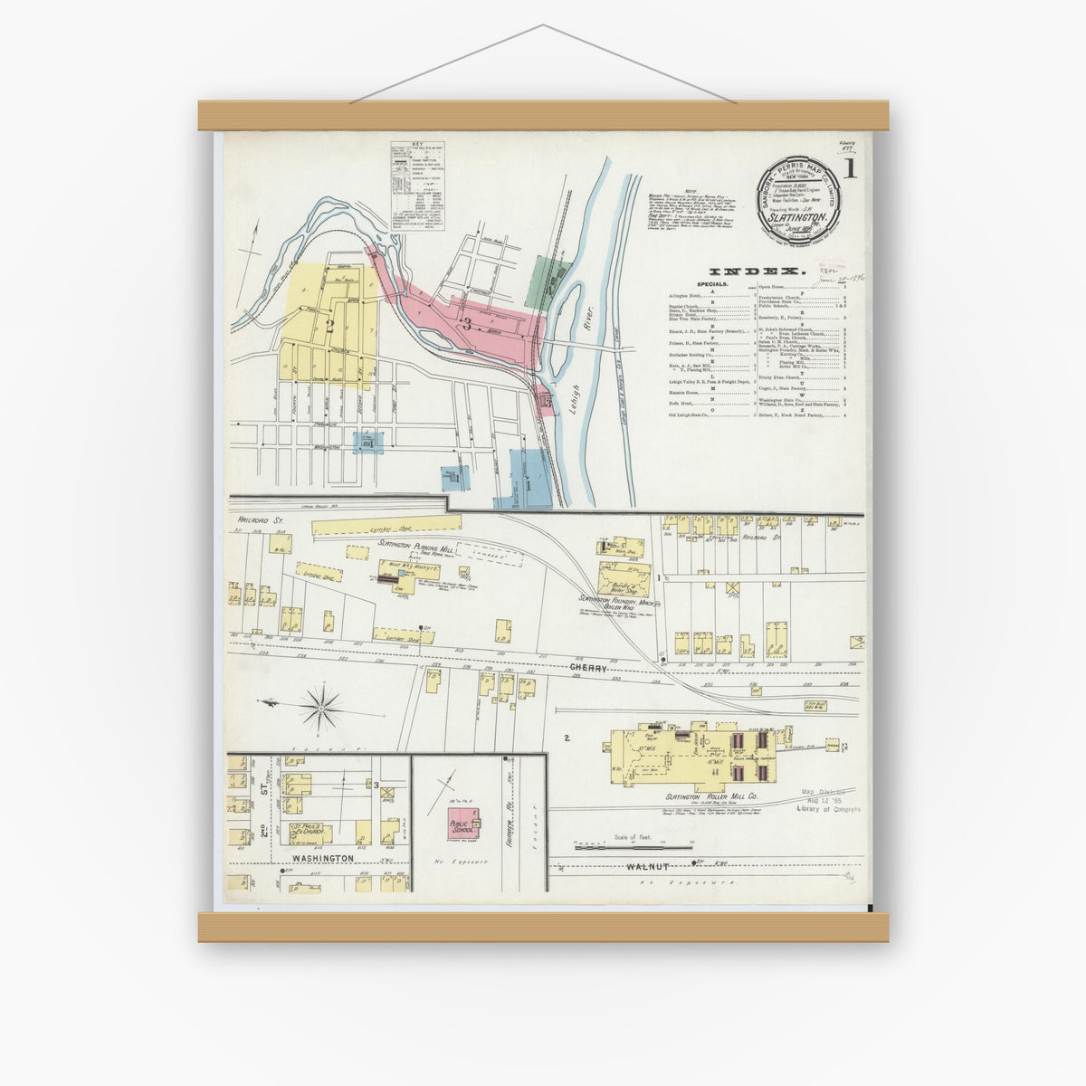 Old map wall art mockup — magnetic wood frame on white wall — Sanborn Fire Insurance Map from Slatington, Lehigh County, Pennsylvania (1896), Sheet #0001