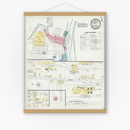 Old map wall art mockup — magnetic wood frame on white wall — Sanborn Fire Insurance Map from Slatington, Lehigh County, Pennsylvania (1896), Sheet #0001