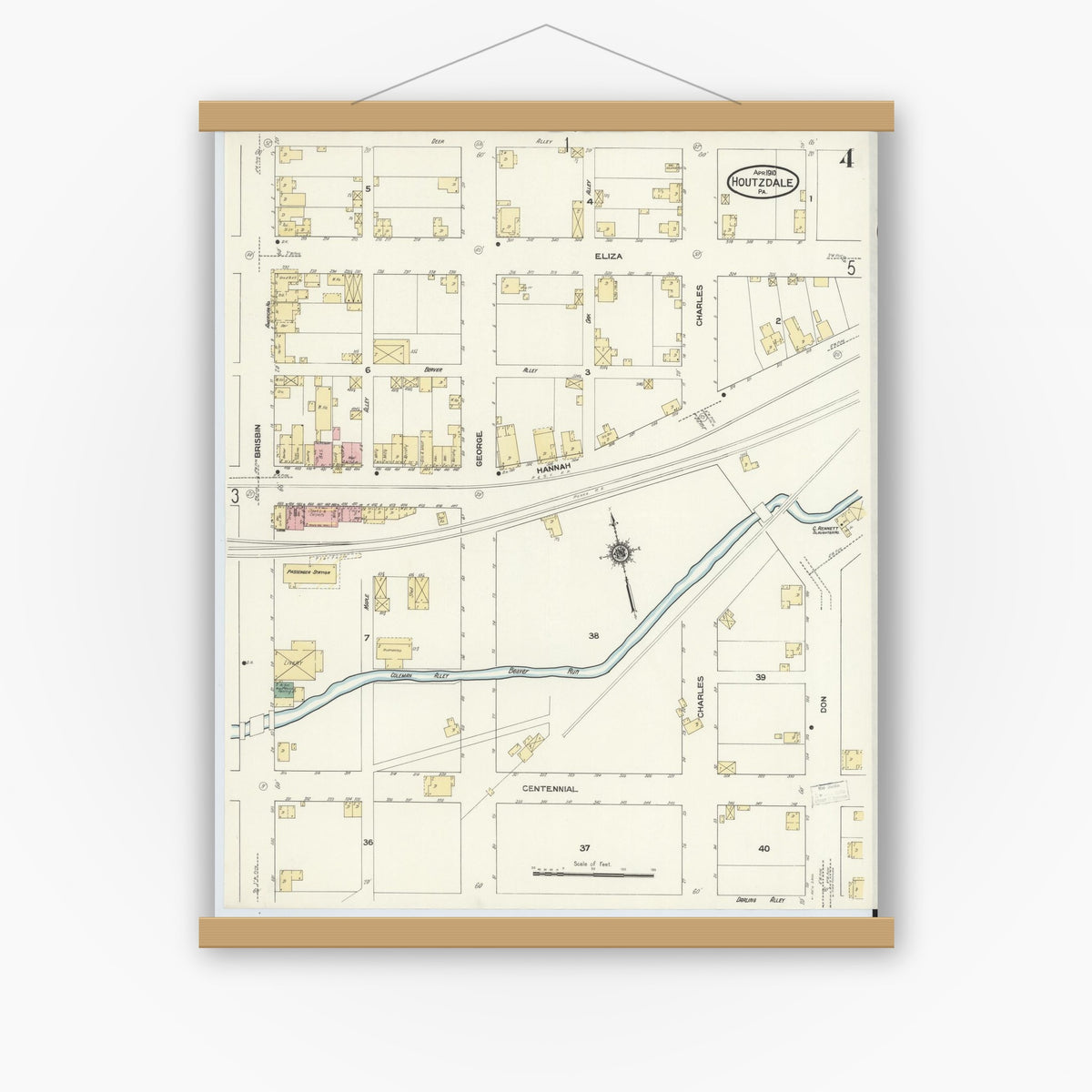 Old map wall art mockup — magnetic wood frame on white wall — Sanborn Fire Insurance Map from Houtzdale, Clearfield County, Pennsylvania (1910), Sheet #0004