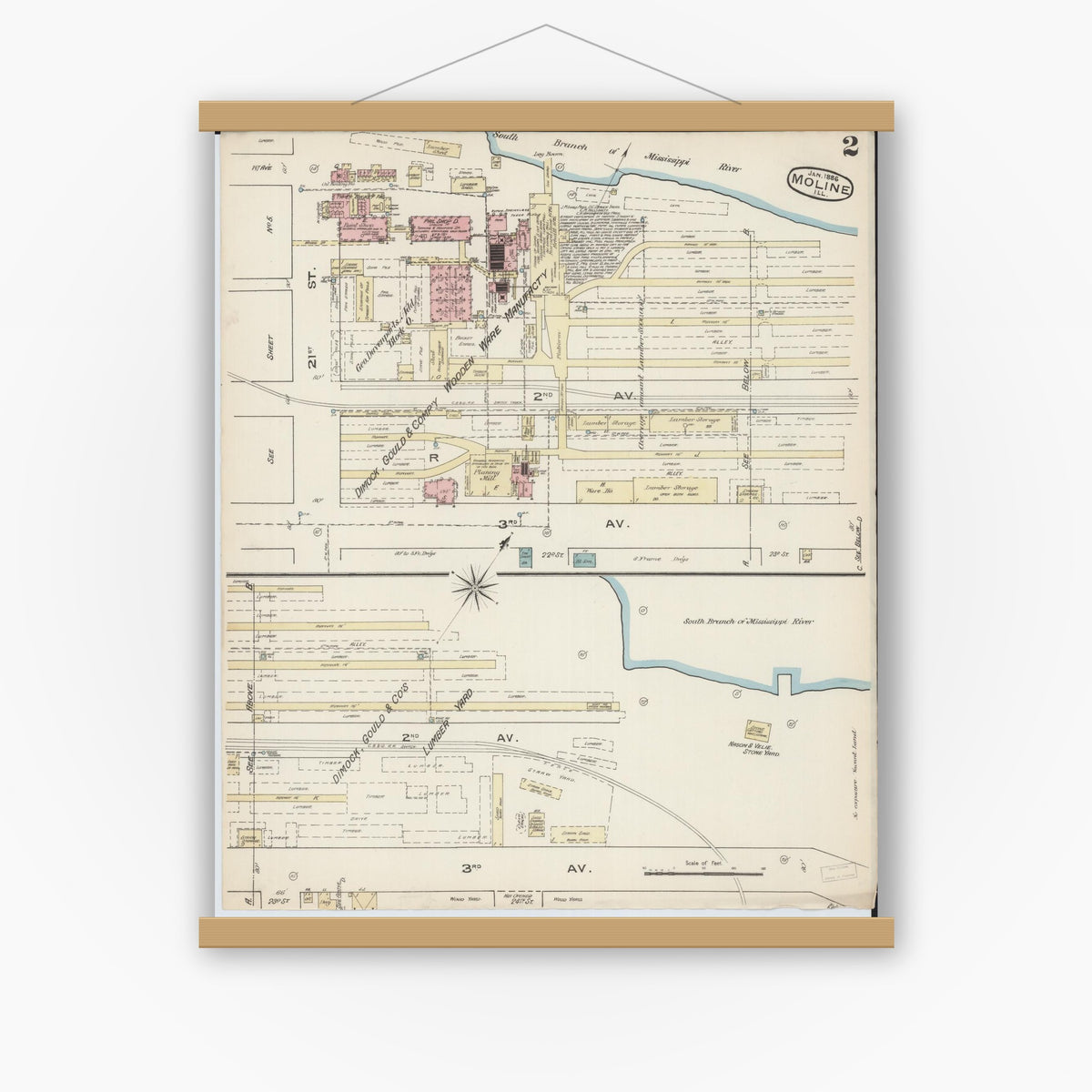 Old map wall art mockup — magnetic wood frame on white wall — Sanborn Fire Insurance Map from Moline, Rock Island County, Illinois (1886), Sheet #0002