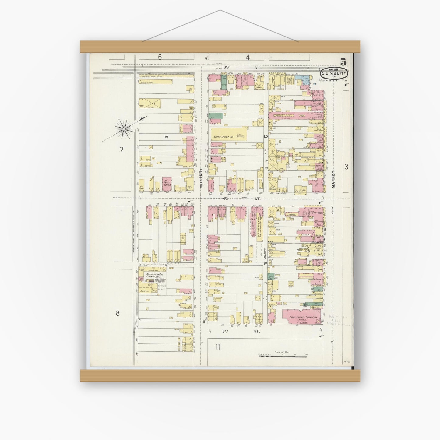 Old map wall art mockup — magnetic wood frame on white wall — Sanborn Fire Insurance Map from Sunbury, Northumberland County, Pennsylvania (1896), Sheet #0005