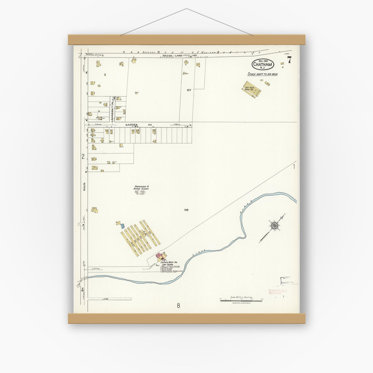 Old map wall art mockup — magnetic wood frame on white wall — Sanborn Fire Insurance Map from Chatham, Morris County, New Jersey (1921), Sheet #0007