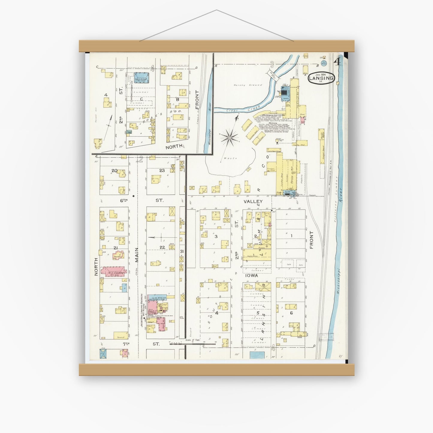 Old map wall art mockup — magnetic wood frame on white wall — Sanborn Fire Insurance Map from Lansing, Allamakee County, Iowa (1894), Sheet #0004