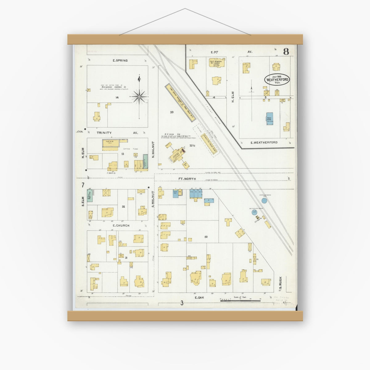Old map wall art mockup — magnetic wood frame on white wall — Sanborn Fire Insurance Map from Weatherford, Parker County, Texas (1905), Sheet #0008
