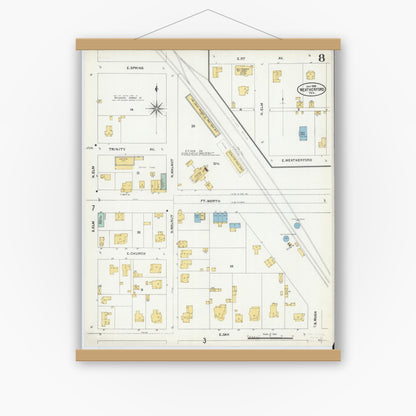 Old map wall art mockup — magnetic wood frame on white wall — Sanborn Fire Insurance Map from Weatherford, Parker County, Texas (1905), Sheet #0008
