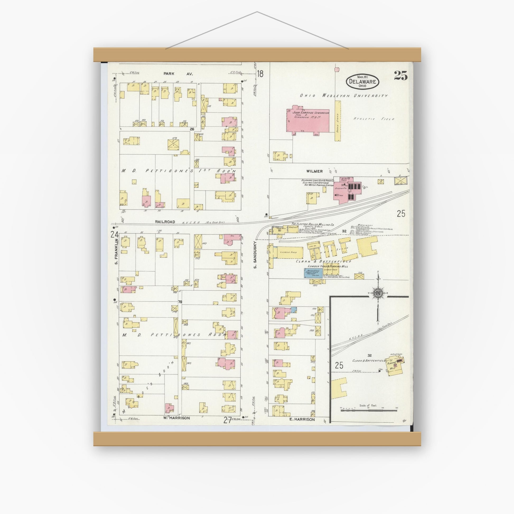 Old map wall art mockup — magnetic wood frame on white wall — Sanborn Fire Insurance Map from Delaware, Delaware County, Ohio (1911), Sheet #0025