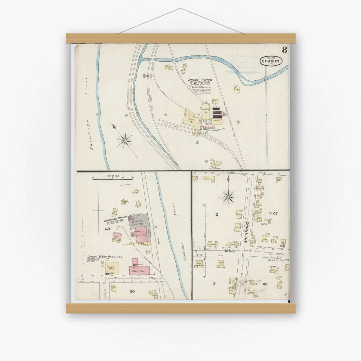 Old map wall art mockup — magnetic wood frame on white wall — Sanborn Fire Insurance Map from Sharon, Mercer County, Pennsylvania (1888), Sheet #0008