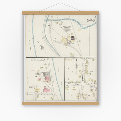 Old map wall art mockup — magnetic wood frame on white wall — Sanborn Fire Insurance Map from Sharon, Mercer County, Pennsylvania (1888), Sheet #0008
