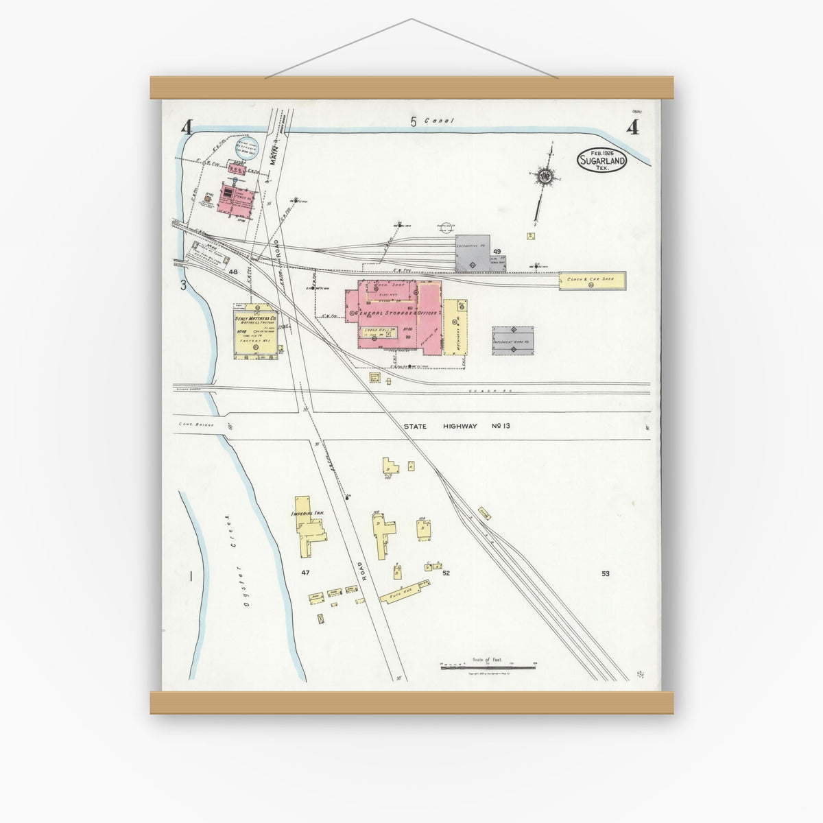 Old map wall art mockup — magnetic wood frame on white wall — Sanborn Fire Insurance Map from Sugarland, Fort Bend County, Texas (1926), Sheet #0004