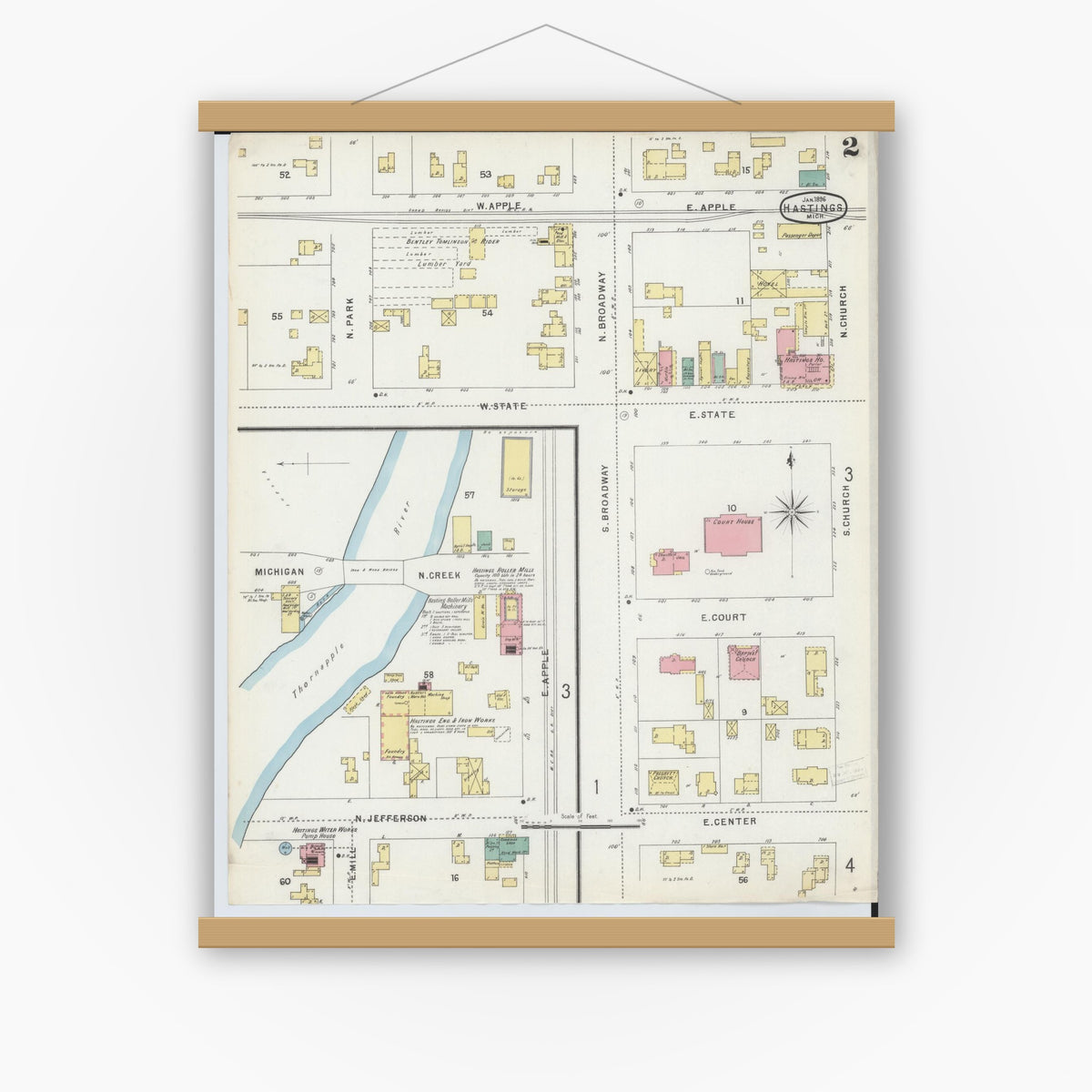 Old map wall art mockup — magnetic wood frame on white wall — Sanborn Fire Insurance Map from Hastings, Barry County, Michigan (1896), Sheet #0002
