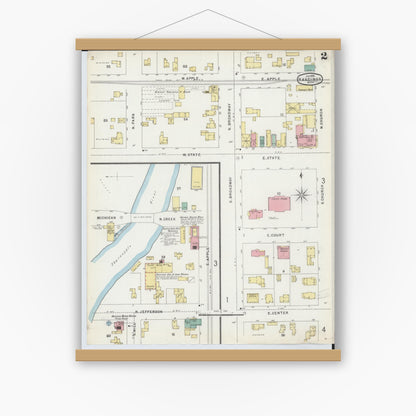 Old map wall art mockup — magnetic wood frame on white wall — Sanborn Fire Insurance Map from Hastings, Barry County, Michigan (1896), Sheet #0002