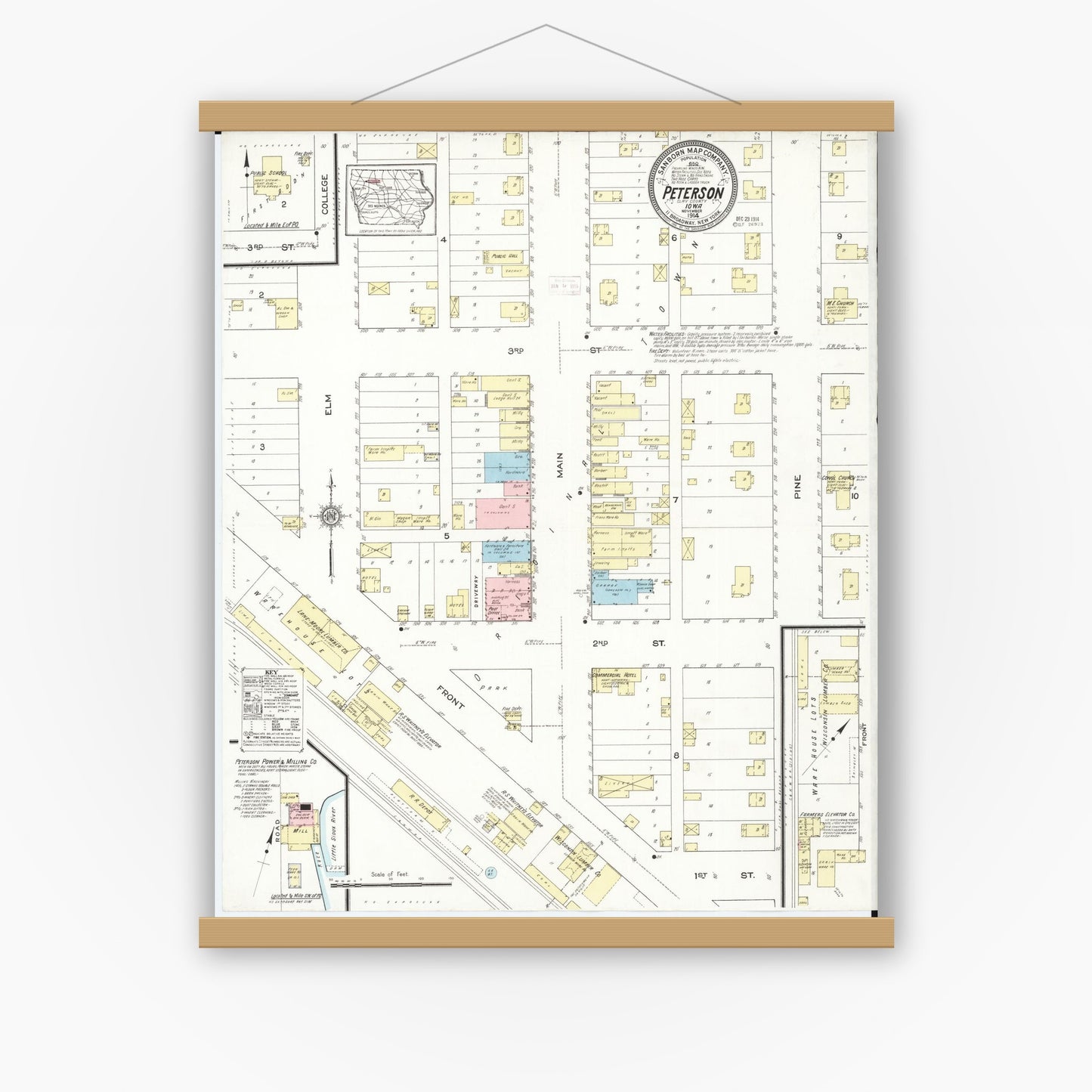 Old map wall art mockup — magnetic wood frame on white wall — Sanborn Fire Insurance Map from Peterson, Clay County, Iowa (1914), Sheet #0001