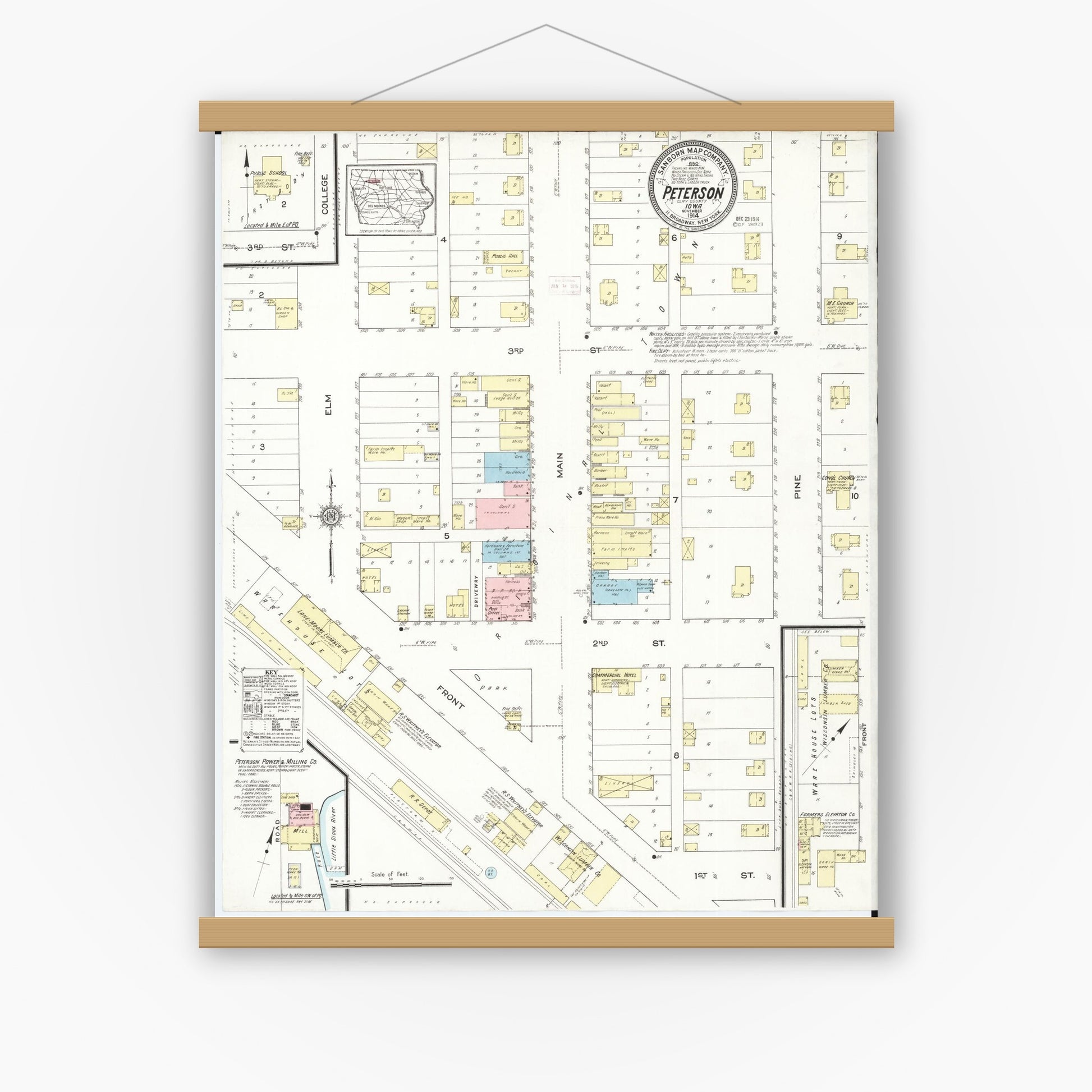 Old map wall art mockup — magnetic wood frame on white wall — Sanborn Fire Insurance Map from Peterson, Clay County, Iowa (1914), Sheet #0001
