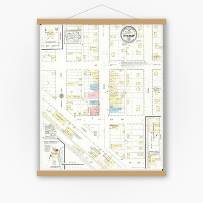 Old map wall art mockup — magnetic wood frame on white wall — Sanborn Fire Insurance Map from Peterson, Clay County, Iowa (1914), Sheet #0001
