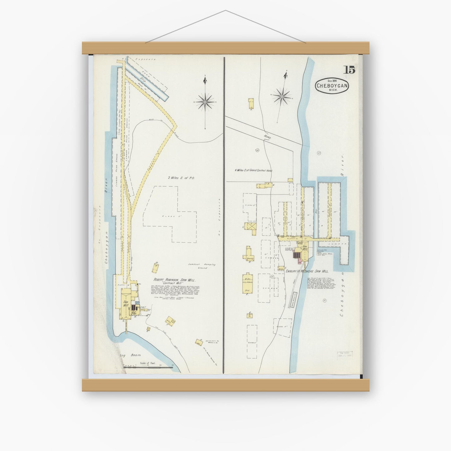 Old map wall art mockup — magnetic wood frame on white wall — Sanborn Fire Insurance Map from Cheboygan, Cheboygan County, Michigan (1895), Sheet #0015