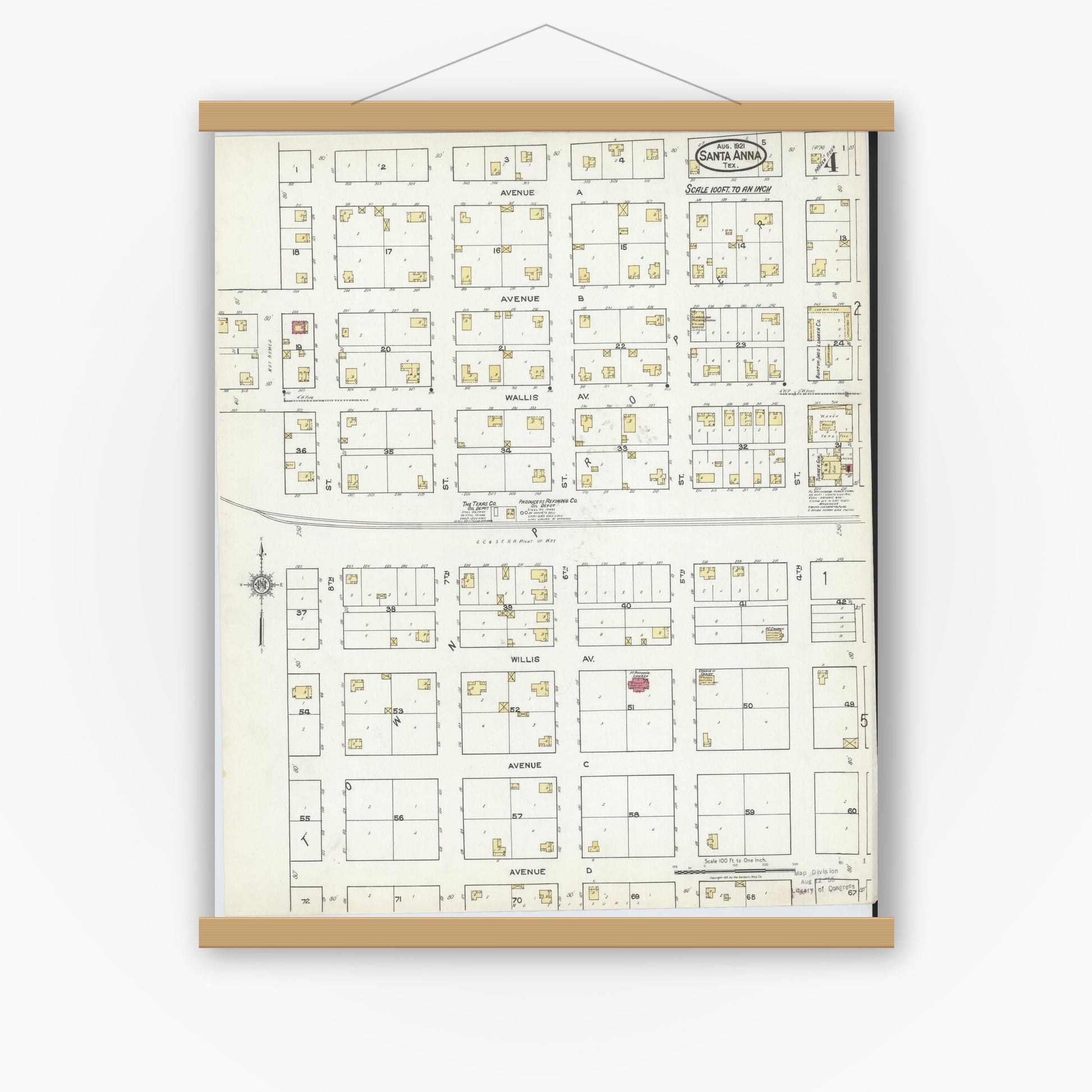 Old map wall art mockup — magnetic wood frame on white wall — Sanborn Fire Insurance Map from Santa Anna, Coleman County, Texas (1921), Sheet #0004