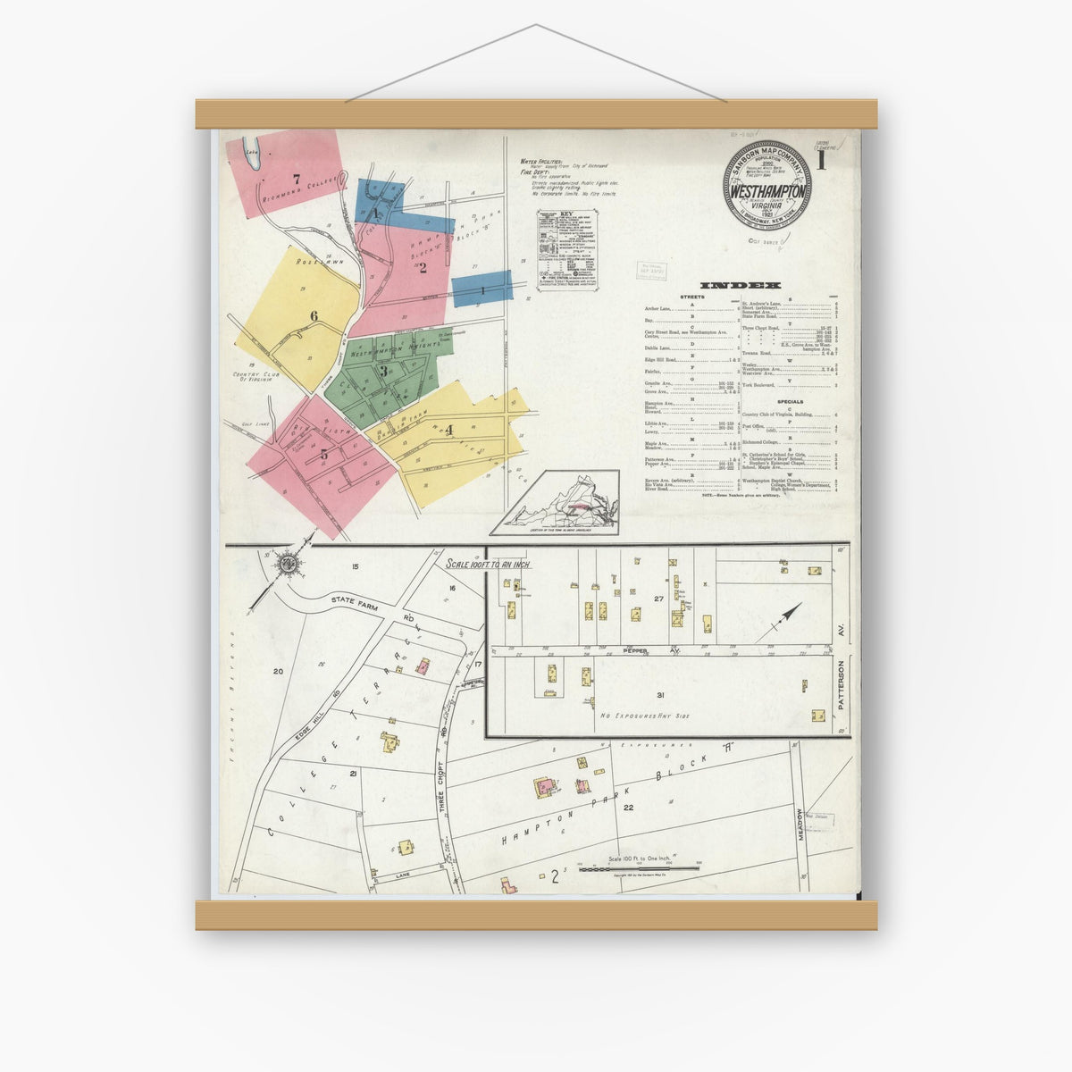 Old map wall art mockup — magnetic wood frame on white wall — Sanborn Fire Insurance Map from Westhampton, Henrico County, Virginia (1921) - Complete Map Set