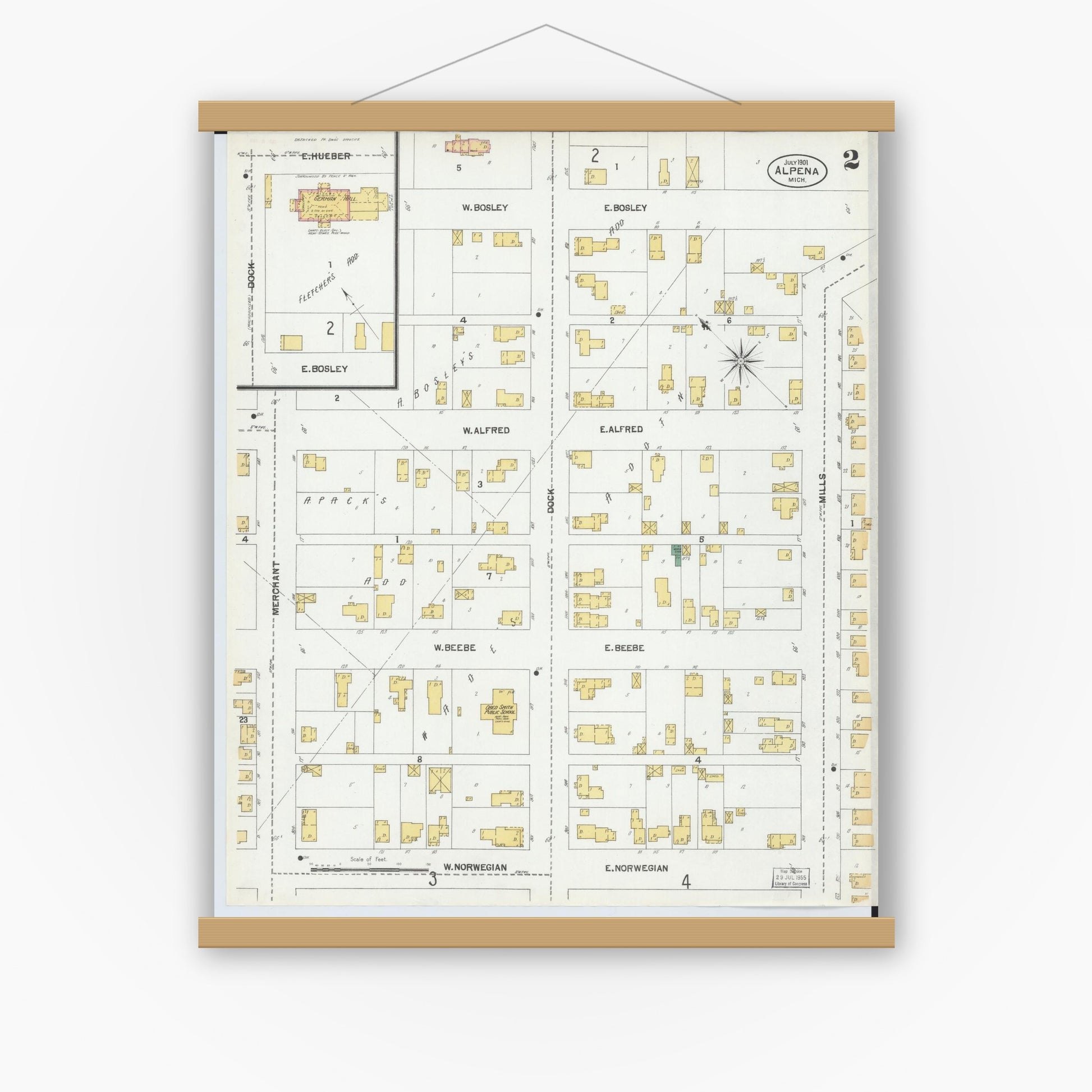 Old map wall art mockup — magnetic wood frame on white wall — Sanborn Fire Insurance Map from Alpena, Alpena County, Michigan (1901), Sheet #0002