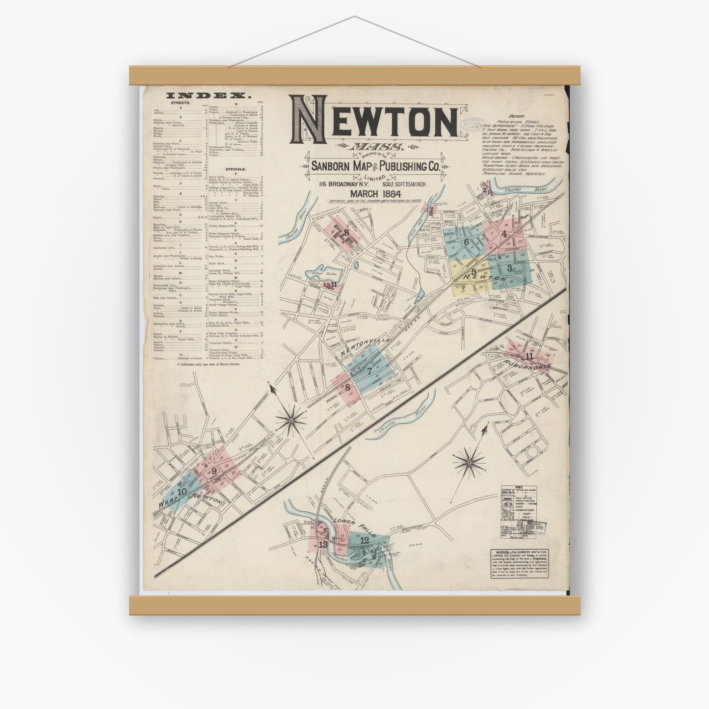 Old map wall art mockup — magnetic wood frame on white wall — Sanborn Fire Insurance Map from Newton, Middlesex County, Massachusetts (1884), Sheet #0001