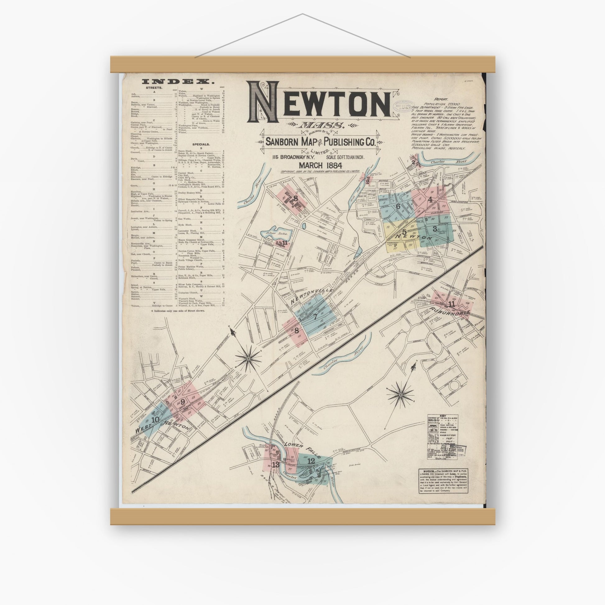 Old map wall art mockup — magnetic wood frame on white wall — Sanborn Fire Insurance Map from Newton, Middlesex County, Massachusetts (1884), Sheet #0001