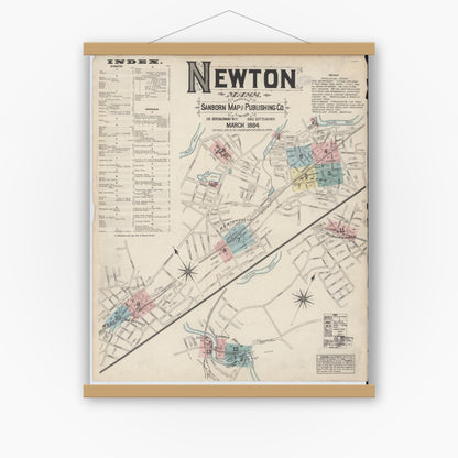 Old map wall art mockup — magnetic wood frame on white wall — Sanborn Fire Insurance Map from Newton, Middlesex County, Massachusetts (1884), Sheet #0001