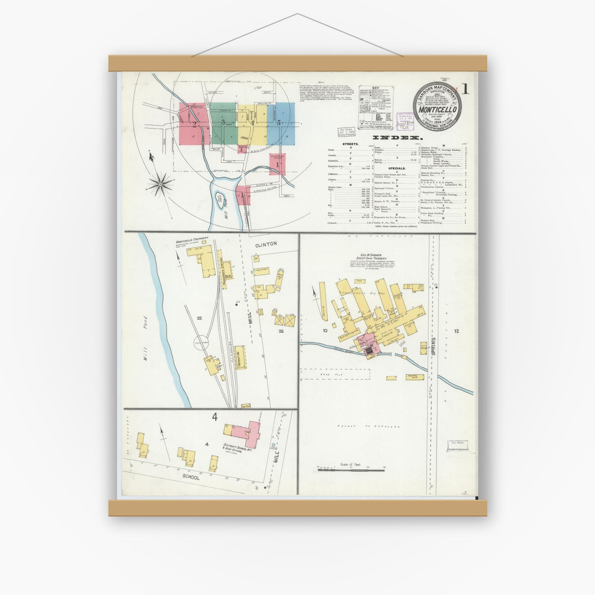 Old map wall art mockup — magnetic wood frame on white wall — Sanborn Fire Insurance Map from Monticello, Sullivan County, New York (1904), Sheet #0001