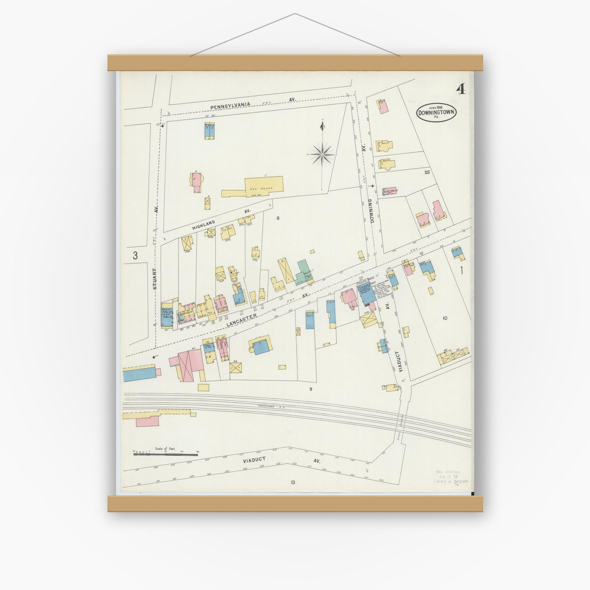 Old map wall art mockup — magnetic wood frame on white wall — Sanborn Fire Insurance Map from Downingtown, Chester County, Pennsylvania (1898), Sheet #0004