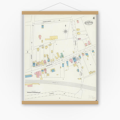 Old map wall art mockup — magnetic wood frame on white wall — Sanborn Fire Insurance Map from Downingtown, Chester County, Pennsylvania (1898), Sheet #0004
