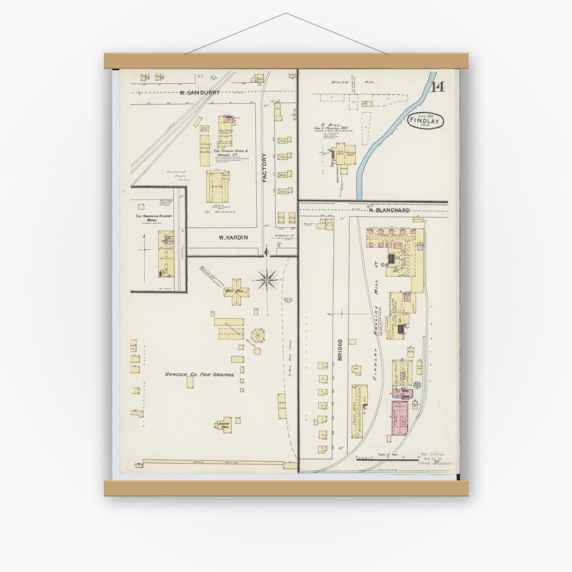 Old map wall art mockup — magnetic wood frame on white wall — Sanborn Fire Insurance Map from Findlay, Hancock County, Ohio (1890), Sheet #0014