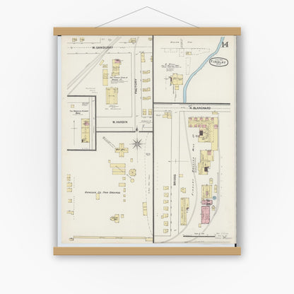 Old map wall art mockup — magnetic wood frame on white wall — Sanborn Fire Insurance Map from Findlay, Hancock County, Ohio (1890), Sheet #0014