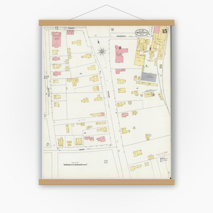Old map wall art mockup — magnetic wood frame on white wall — Sanborn Fire Insurance Map from Westfield, Hampden County, Massachusetts (1905), Sheet #0015
