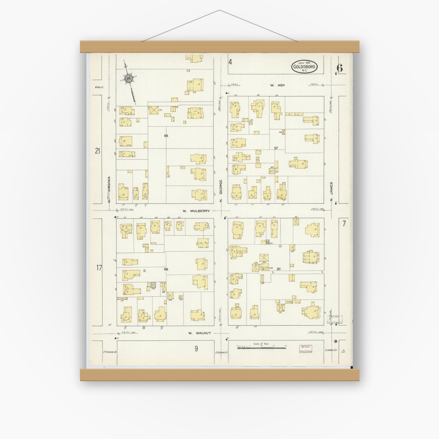 Old map wall art mockup — magnetic wood frame on white wall — Sanborn Fire Insurance Map from Goldsboro, Wayne County, North Carolina (1913), Sheet #0006