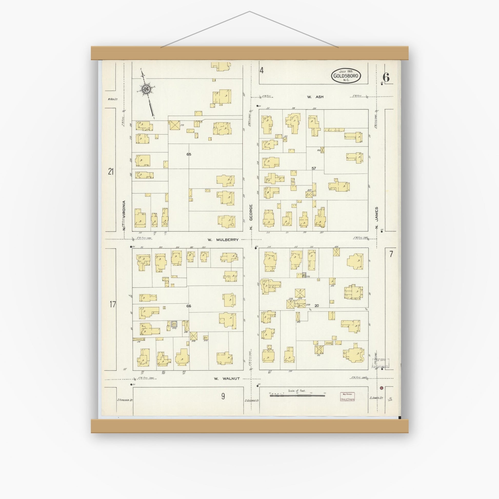 Old map wall art mockup — magnetic wood frame on white wall — Sanborn Fire Insurance Map from Goldsboro, Wayne County, North Carolina (1913), Sheet #0006