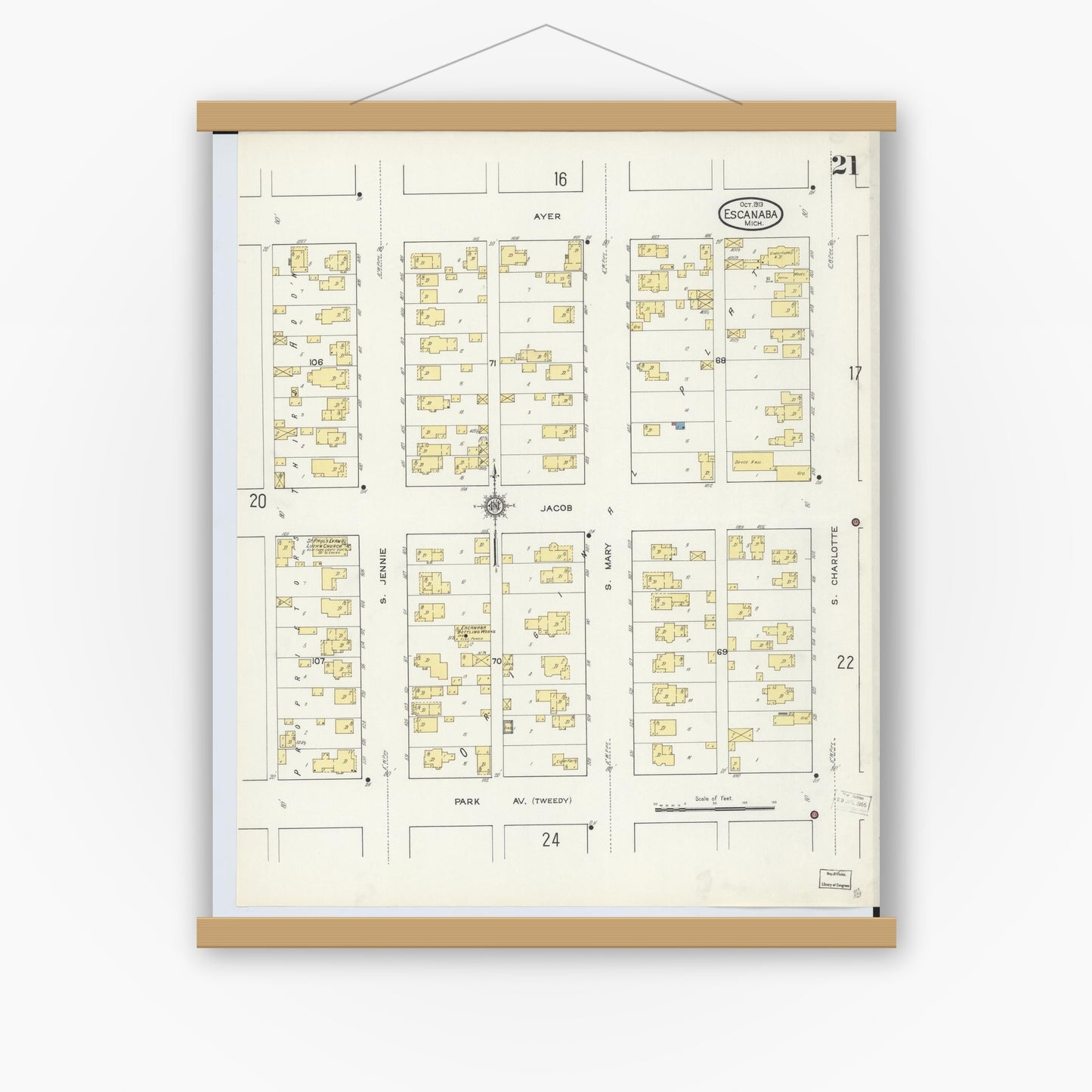 Old map wall art mockup — magnetic wood frame on white wall — Sanborn Fire Insurance Map from Escanaba, Delta County, Michigan (1913), Sheet #0021