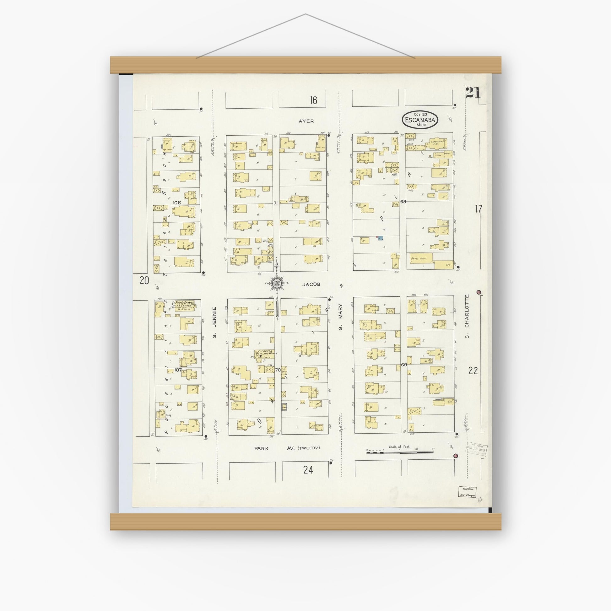 Old map wall art mockup — magnetic wood frame on white wall — Sanborn Fire Insurance Map from Escanaba, Delta County, Michigan (1913), Sheet #0021