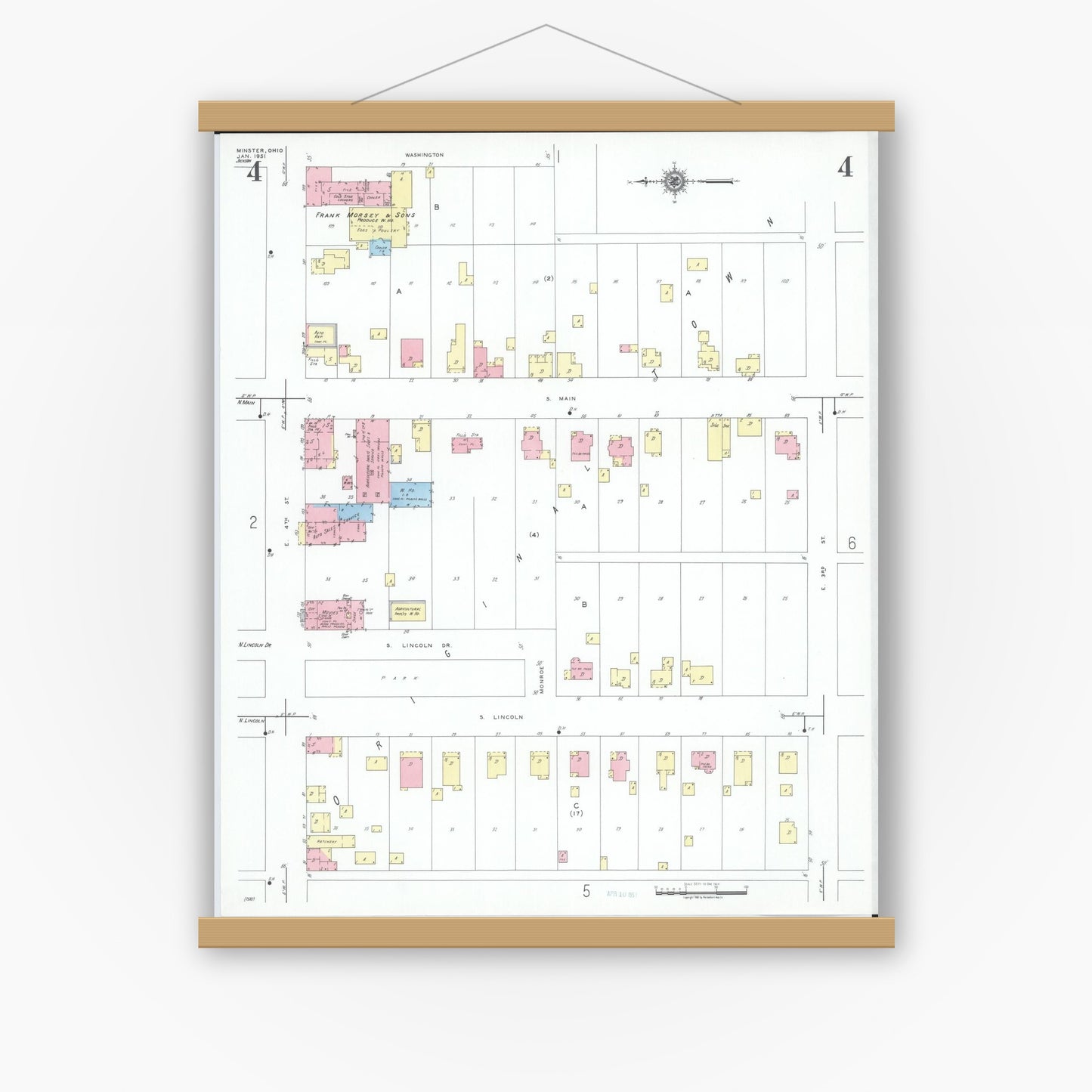 Old map wall art mockup — magnetic wood frame on white wall — Sanborn Fire Insurance Map from Minster, Auglaize County, Ohio (1951), Sheet #0004