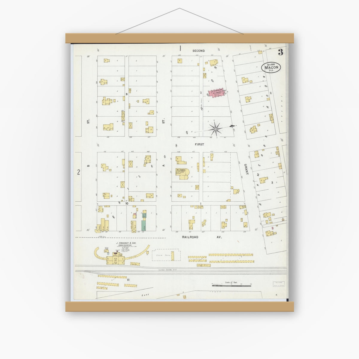 Old map wall art mockup — magnetic wood frame on white wall — Sanborn Fire Insurance Map from Macon, Macon County, Illinois (1899), Sheet #0003