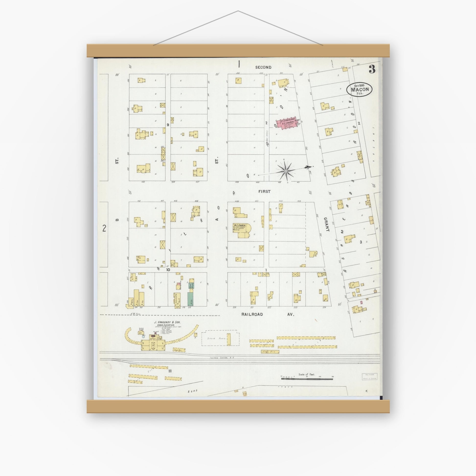 Old map wall art mockup — magnetic wood frame on white wall — Sanborn Fire Insurance Map from Macon, Macon County, Illinois (1899), Sheet #0003