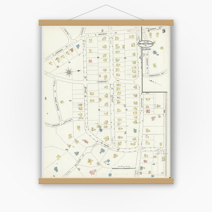 Old map wall art mockup — magnetic wood frame on white wall — Sanborn Fire Insurance Map from Wayne, Delaware County, Pennsylvania (1909), Sheet #0009