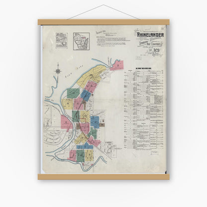 Old map wall art mockup — magnetic wood frame on white wall — Sanborn Fire Insurance Map from Rhinelander, Oneida County, Wisconsin (1920), Sheet #0001